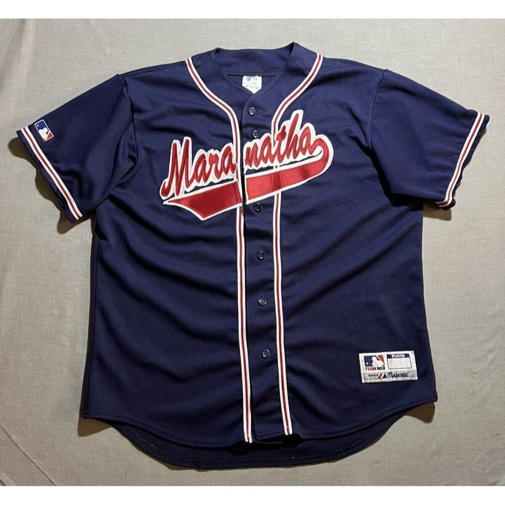 Vintage Marantha Christian Academy Majestic Baseball Jersey Mens L‎ Blue Button.